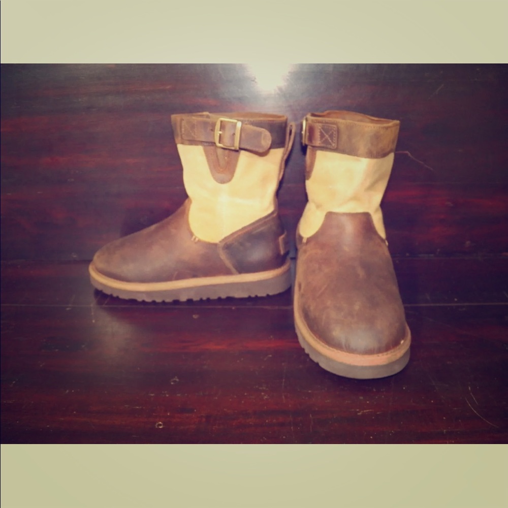 Kids UGG Lockie Chestnut Leather Tan Canvas Boots